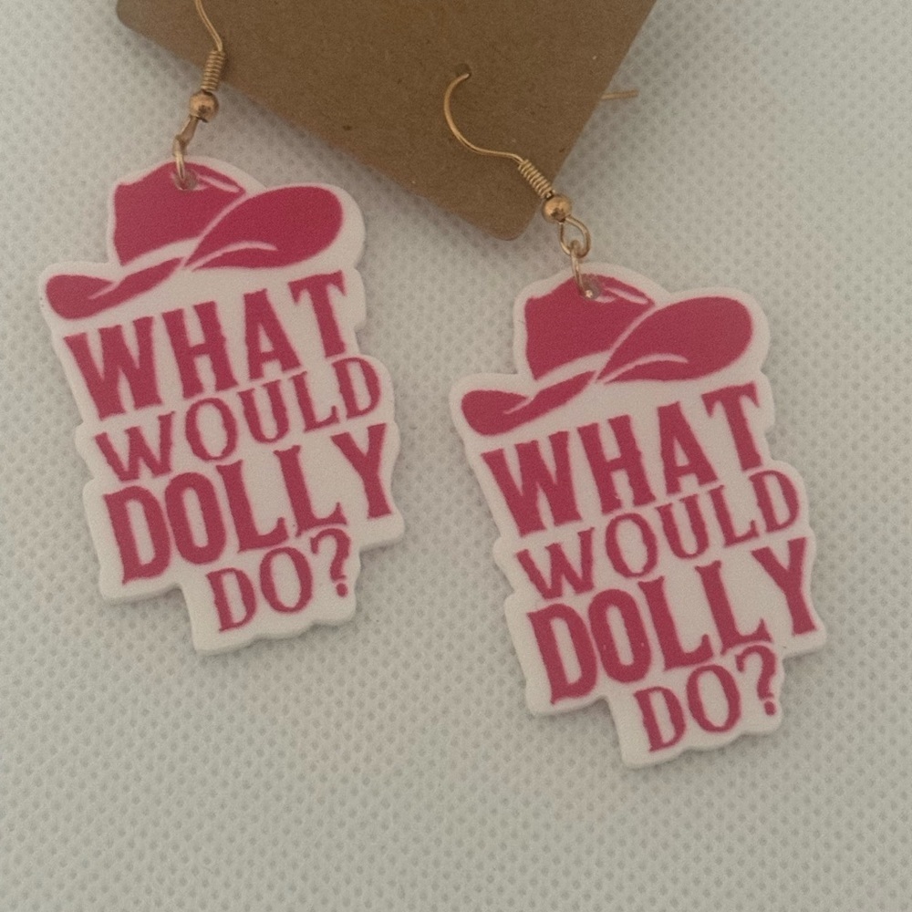 What Would Dolly Do? Earrings – Pink Acrylic Cowboy Hat Dangle – NWT